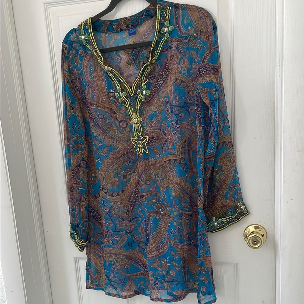 Paisley Sheer Blue and Brown Women's Cover Up 100Silk